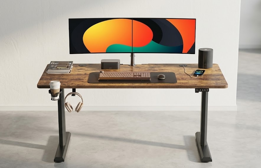 FEZIBO rustic brown electric sit stand desk as the best budget option
