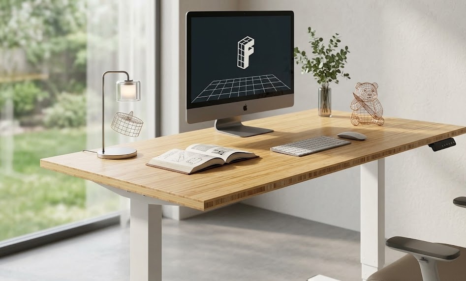 FlexiSpot E6 solid bamboo best dual motor standing desk in a home office