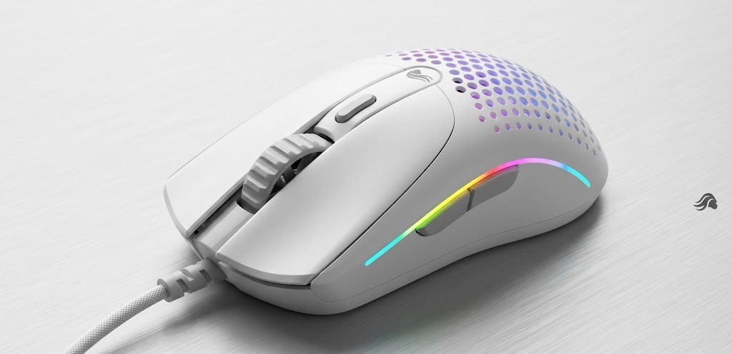 Glorious Model O 2 Mini white wired gaming mouse with a honeycomb shell.