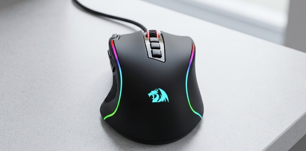 Redragon M612 Predator RGB gaming mouse claw grip setup on a desk