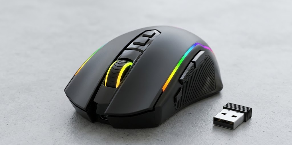 Redragon M916 PRO ultra-lightweight ergonomic mouse for small hands displaying RGB lighting.