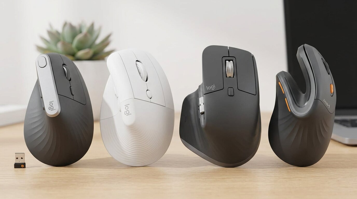 A premium desk setup showcasing the best vertical ergonomic mouse Mac compatible 2026 options to prevent wrist strain.