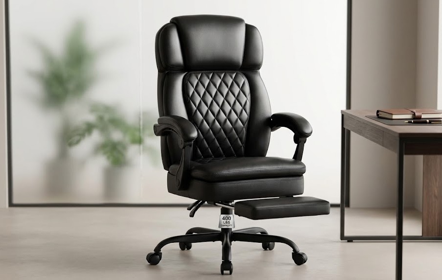 Fully reclining desk chair with footrest deployed, showing thick black leather cushions and curved spinal support.