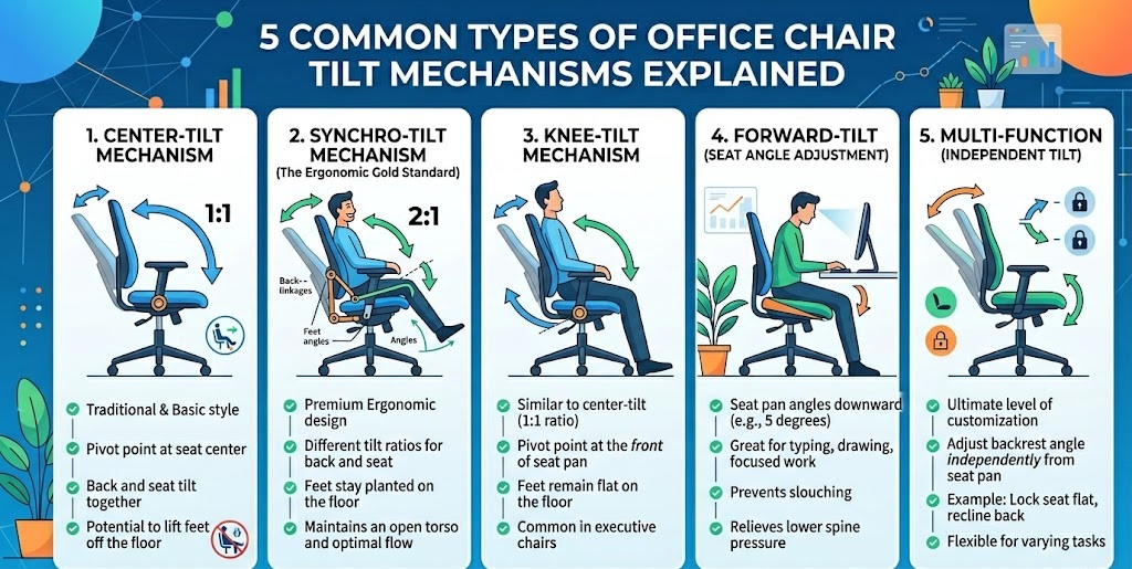 Infographic explaining five different desk chair tilt mechanisms, including synchro-tilt and forward-tilt.