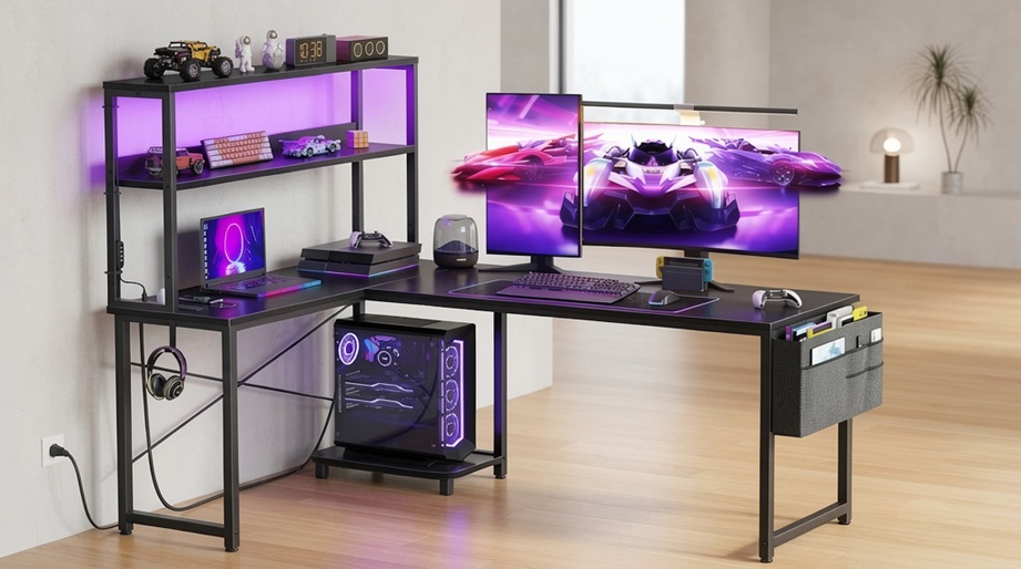 Black AODK 53-inch l shaped desk for gaming featuring built-in LED lights and power outlets