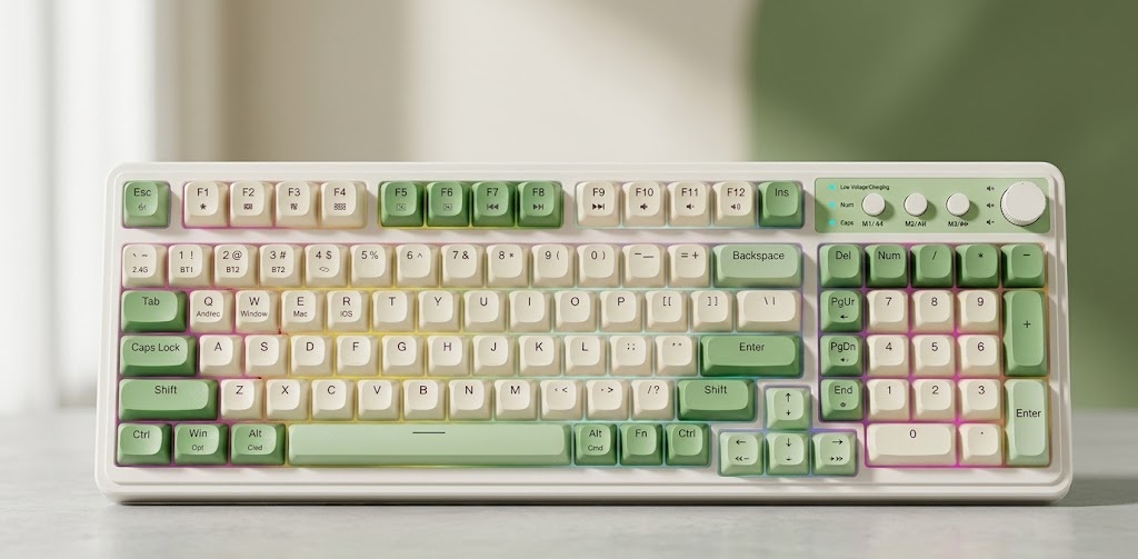 AULA S99 wireless gaming keyboard featuring a full number pad, media knob, and ergonomic stand