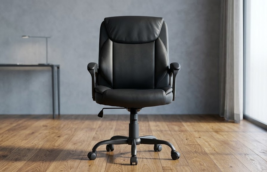 Amazon Basics Puresoft mid-back desk chair, a comfortable PU padded option in the leather vs mesh office chair debate.