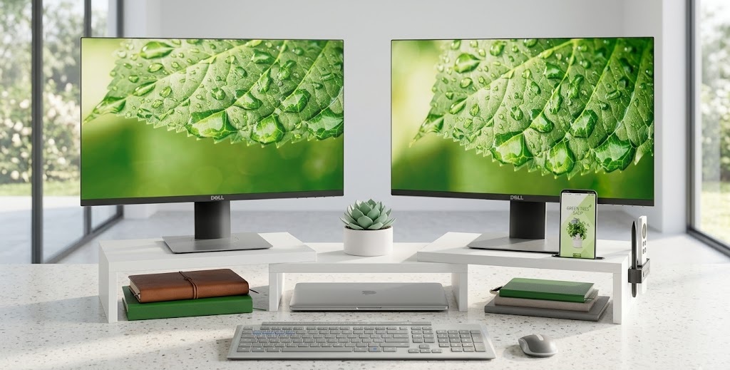 White wooden ergonomic computer screen riser supporting two displays with a smartphone holder