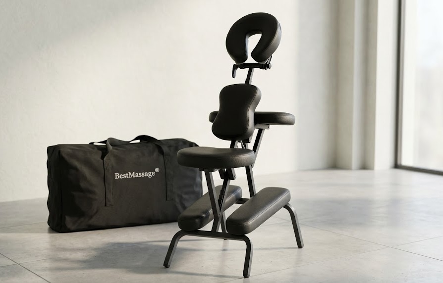 BestMassage brand massage chair portable setup featuring an adjustable black frame and a branded canvas transport bag