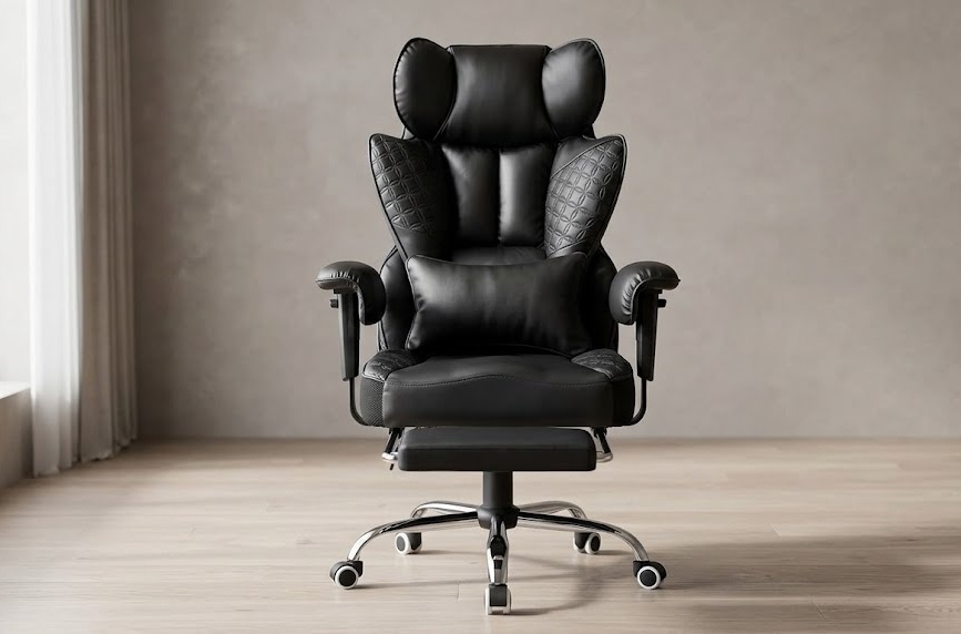 Embossed black PU leather heavy duty office chair with footrest pulled out, showing thick padded armrests.
