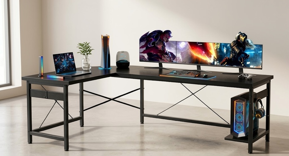 Large Coleshome 66-inch corner gaming desk setup showing heavy-duty steel diagonal braces