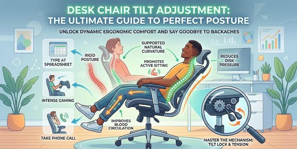 Ultimate guide illustration showing how a correctly adjusted desk chair tilt improves seating posture and reduces backaches.