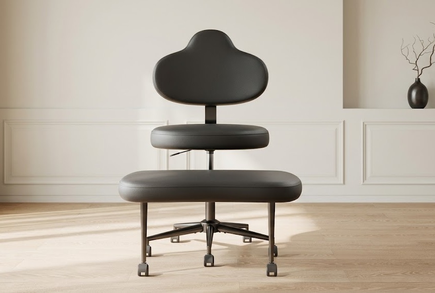 Green teddy fabric Pinmoco ergonomic chair designed for small spaces and cross-legged sitting