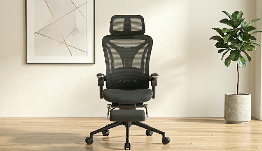 Black breathable mesh desk chair with footrest extended, featuring an adjustable headrest and curved lumbar support.