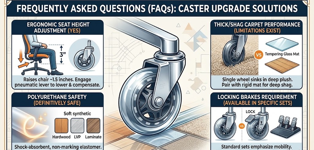 Infographic answering common questions about upgrading chair wheels, including ergonomic height adjustment, locking brakes, and thick carpet performance.