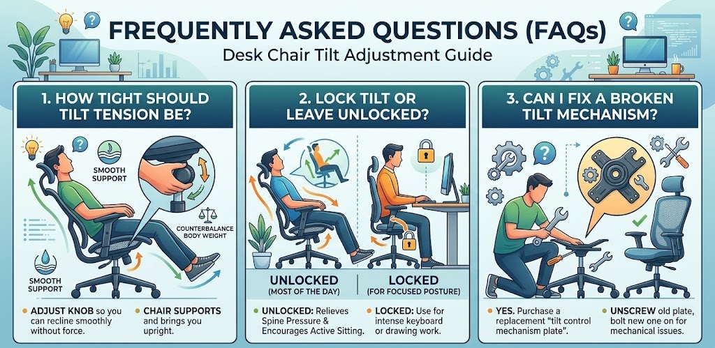 Frequently asked questions about desk chair tilt adjustment covering tension settings, locking, and fixing broken mechanisms.
