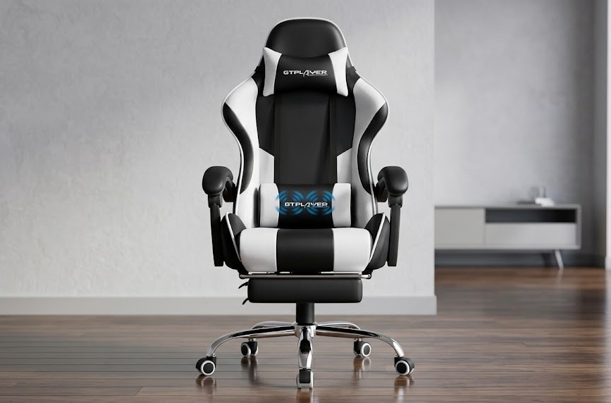 GTPLAYER ergonomic gaming chair in Pearl White with an extended footrest and lumbar pillow