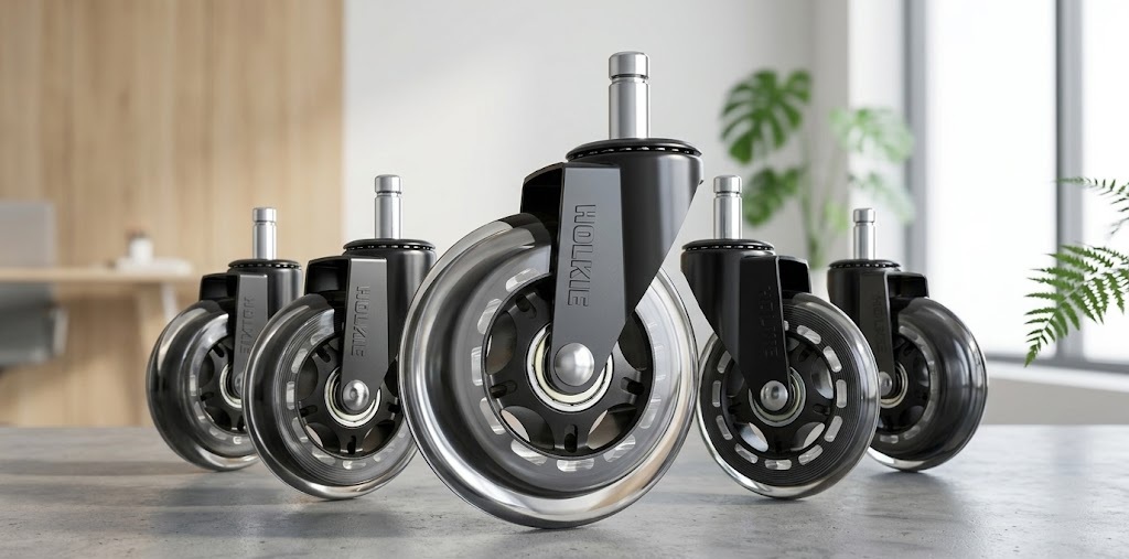 HOLKIE rollerblade style replacement wheels designed for office and gaming chairs.