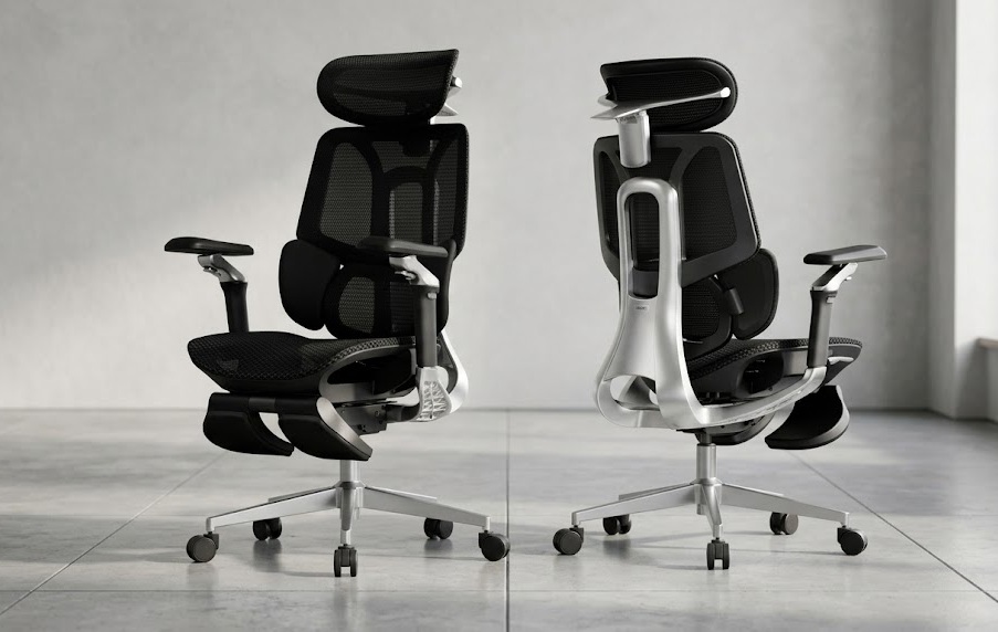 Front and back view of the Hbada E3 Pro, a premium breathable option in the mesh versus leather office chair comparison.