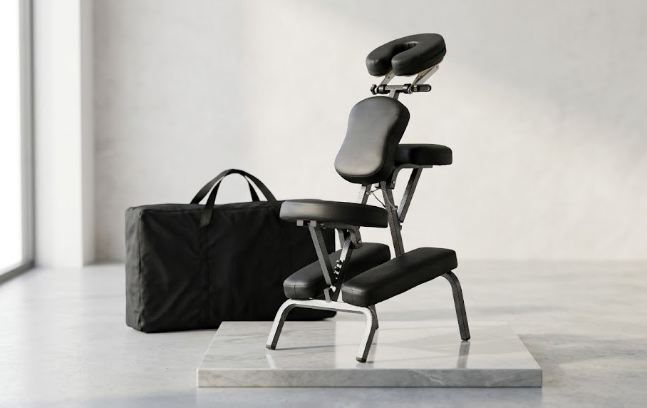 HomGarden portable massage chair set up next to its black nylon carrying bag for mobile therapy and salon use