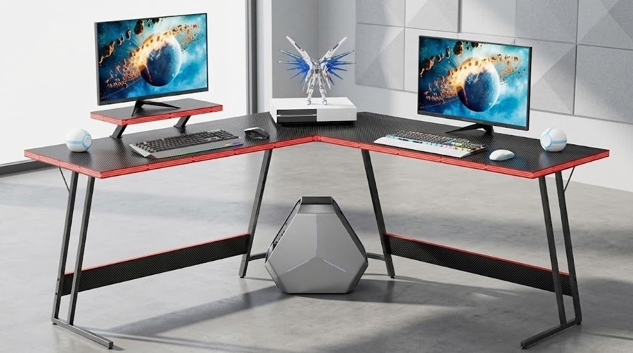 Homall 47-inch carbon fiber l shaped desk for gamers shown with a monitor riser and Z-shaped legs