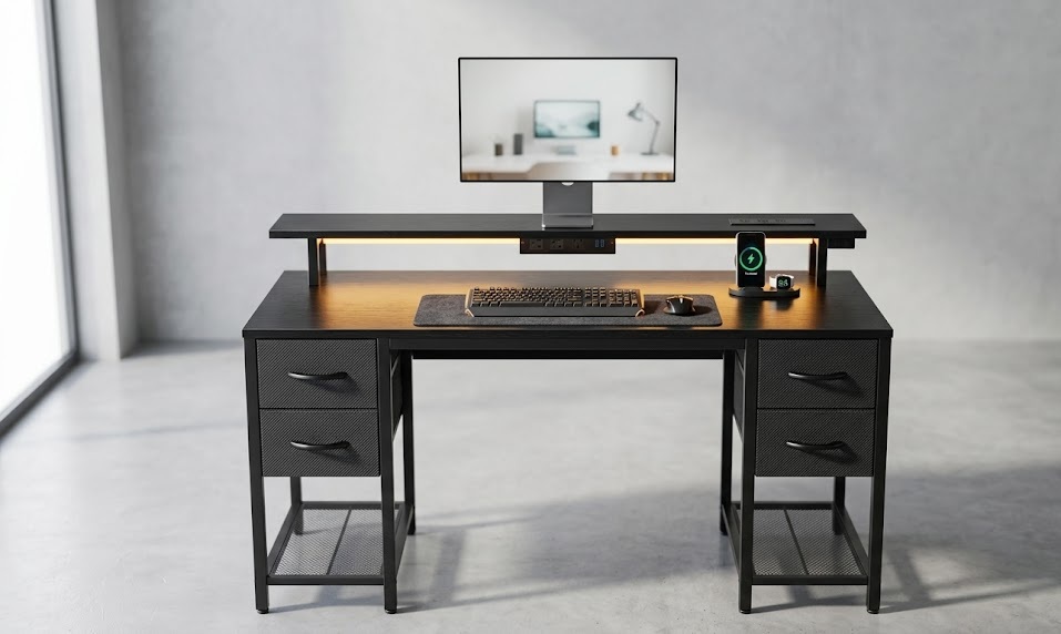 Huuger 47-inch computer desk with four storage drawers and built-in power outlets