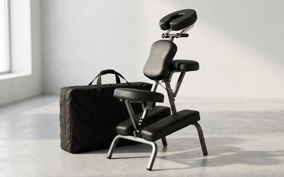 upiterForce lightweight portable massage chair with an adjustable chest pad and face cradle for professional tattoo or spa use