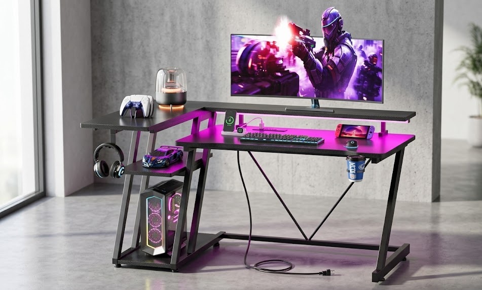 Korfile 40-inch carbon fiber corner desk with an elevated monitor stand for an ergonomic gaming setup