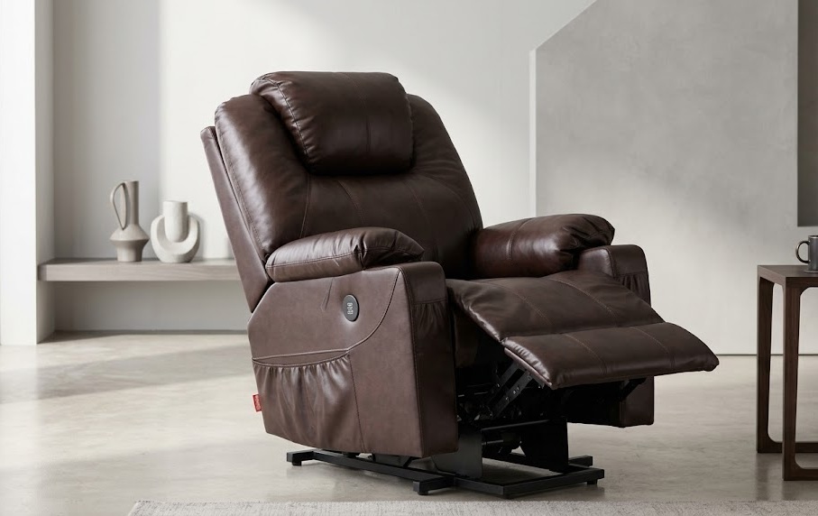 MCombo dark brown power lift chair designed for seniors seeking comfortable reclining chairs with stand-assist technology