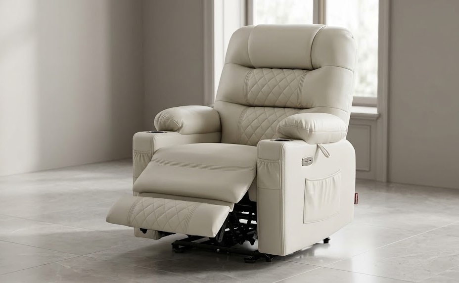 Cream-colored MCombo zero gravity power recliner providing the specialized features of lumbar support recliners for spinal relief