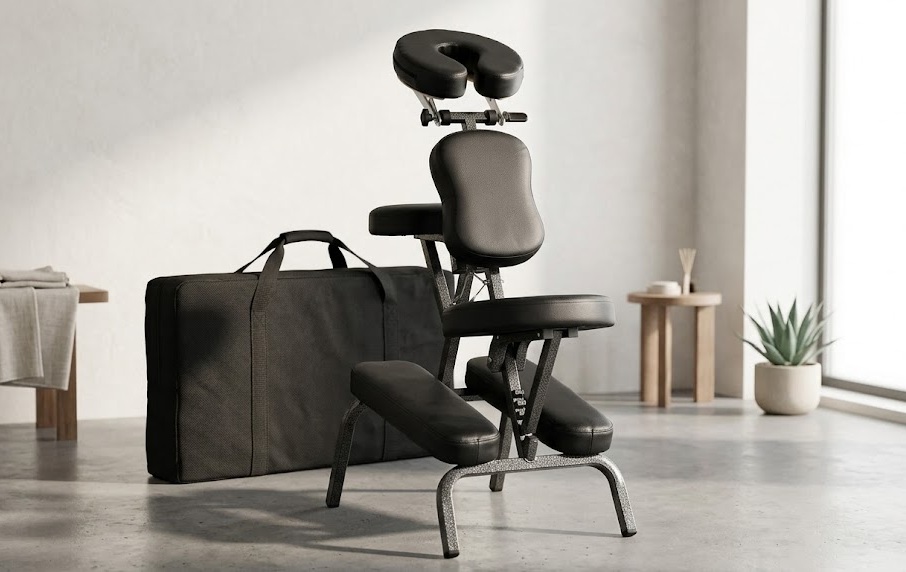 Nova Microdermabrasion foldable massage chair portable design shown with its carrying case in a modern home spa environment
