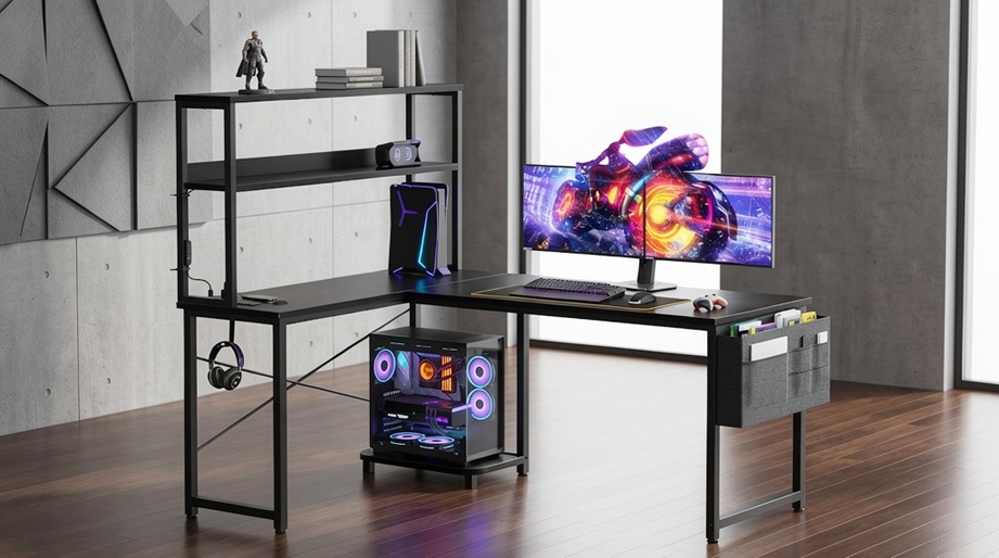ODK 53-inch l shaped gaming desk with led lights, storage shelves, and a PC tower on the bottom stand