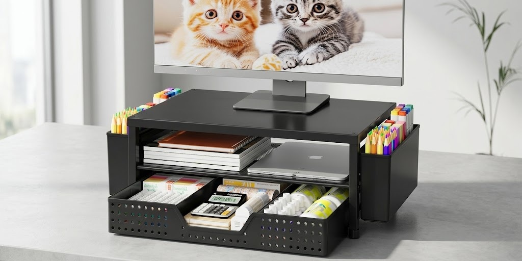 Black 2-tier monitor riser with storage drawer and built-in pen holders on a desk