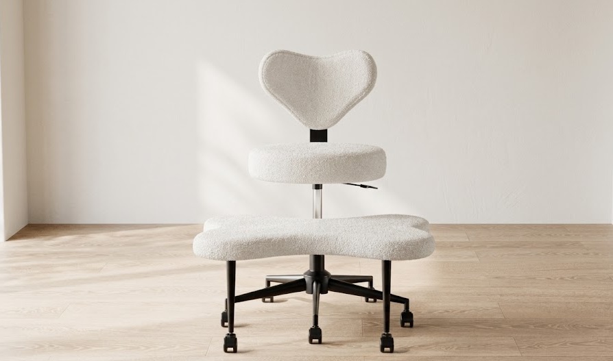 Off-white Pinmoco ergonomic chair in teddy fabric with a heart-shaped backrest and wide footstool