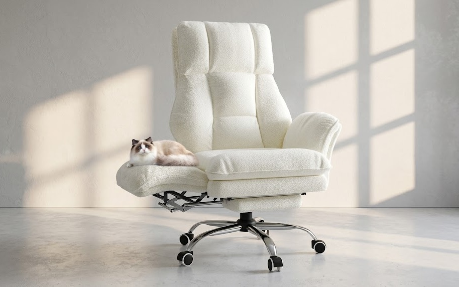 Wide grey teddy fleece ergonomic office chair with leg rest extended and flip armrests pushed back for cross-legged sitting.