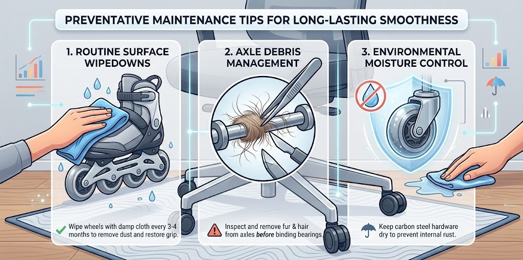 Maintenance illustrations for rollerblade style chair wheels, showing routine surface wiping, axle debris removal, and moisture control.