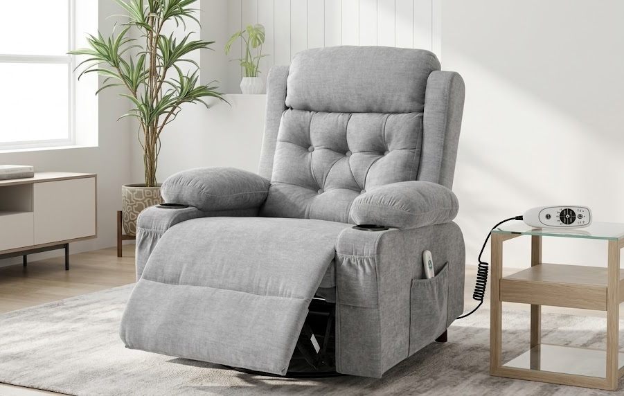 Grey button-tufted REFICCER rocker chair acting as high-quality ergonomic recliners with massage and heat features