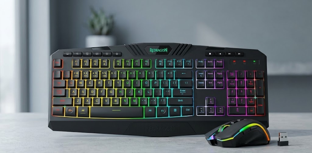 Redragon S101 splash-resistant wireless gaming keyboard and mouse combo on a desk