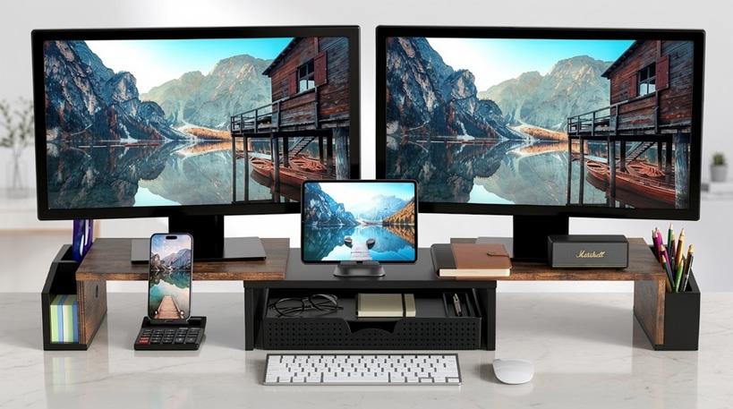 Rustic brown adjustable dual monitor stand expanding across a desk with side caddies