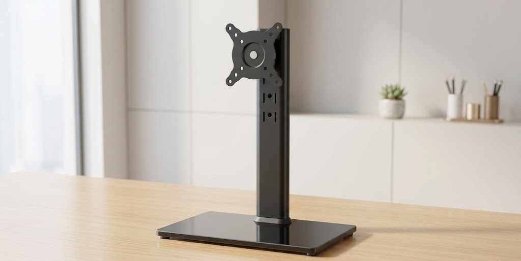 Adjustable free standing monitor mount holding a single screen with cable management