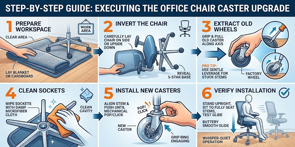 Six-step visual instruction guide demonstrating how to easily remove and replace old desk chair wheels safely and without tools.