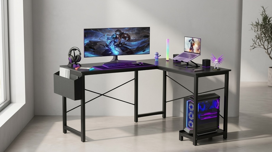 Minimalist Sweetcrispy 50-inch l shaped desk for gaming with a side storage bag and computer chair