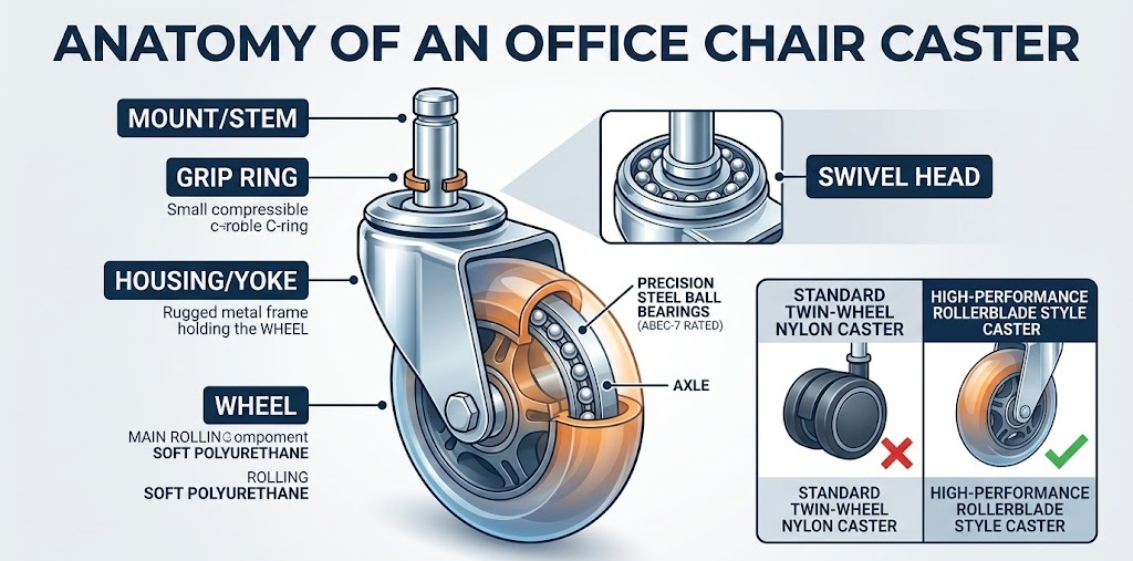 Detailed diagram showing the anatomy of an office chair caster, highlighting the mounting stem, grip ring, and precision ball bearings.