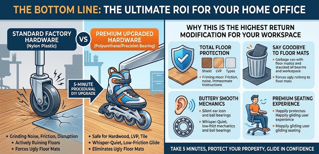 Summary graphic detailing the long-term ergonomic benefits of upgrading to premium desk chair wheels, including total floor protection and smooth mechanics.