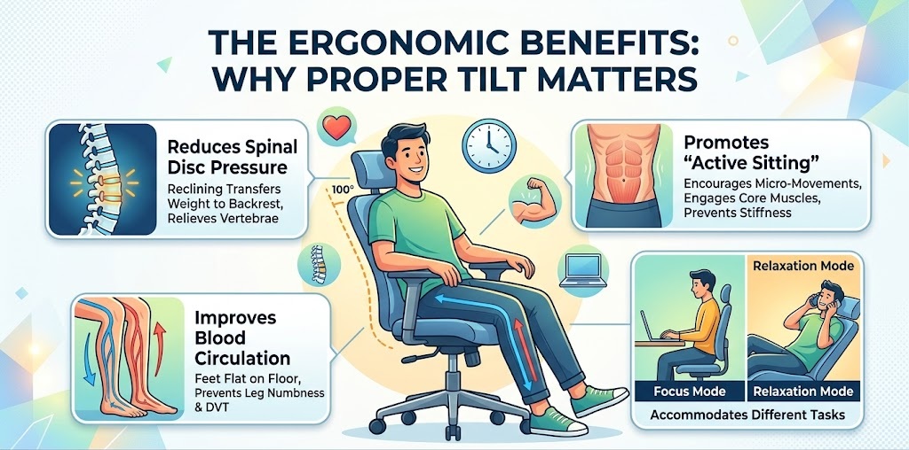 The ergonomic health benefits of proper desk chair tilt adjustment, such as reduced spinal pressure and active sitting.