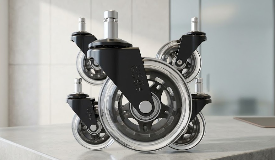Set of five clear polyurethane smooth rolling office chair casters by The Office Oasis.