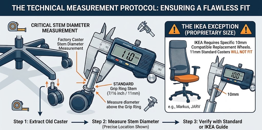 Guide on how to measure a replacement chair wheel stem diameter using digital calipers, noting the 11mm universal and 10mm IKEA sizes.