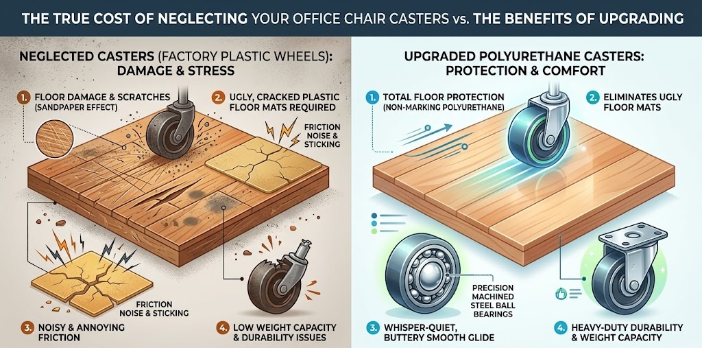 Side-by-side comparison showing how standard plastic wheels damage hardwood floors versus the protection offered by polyurethane casters.