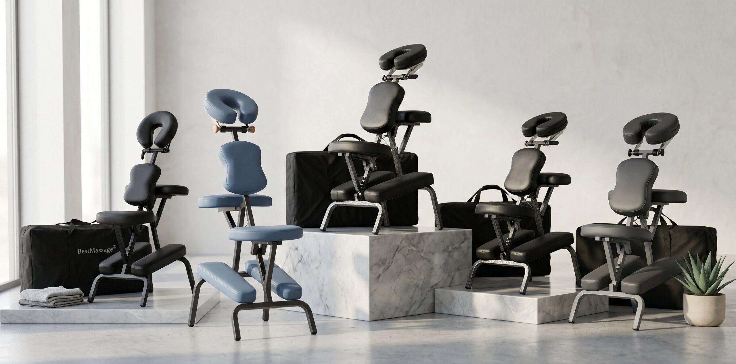 A collection of the best portable massage chair models for 2026 including blue and black foldable units on marble display stands