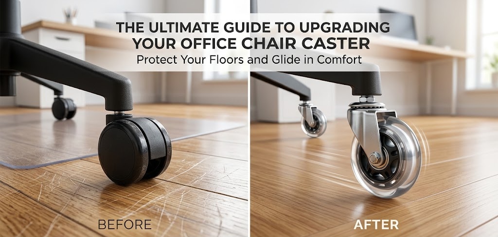 Before and after comparison of a scratched floor with a standard plastic wheel versus a pristine floor protected by an upgraded office chair caster.